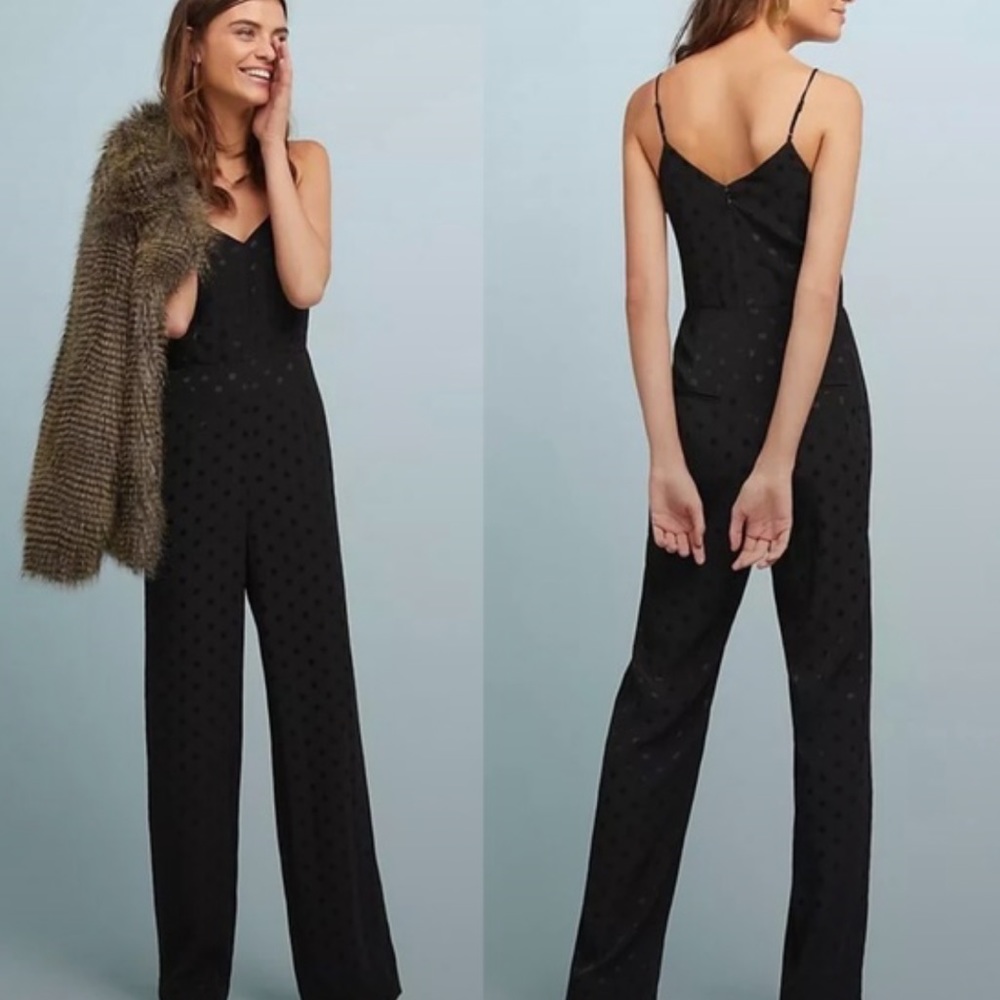 Anthropologie Black The Essential Polkadot Satin Jumpsuit SZ 4